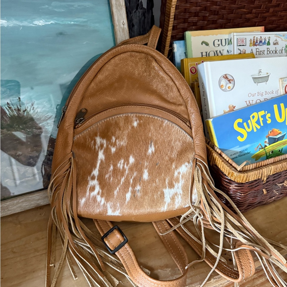 Fringed Tan Leather Backpack